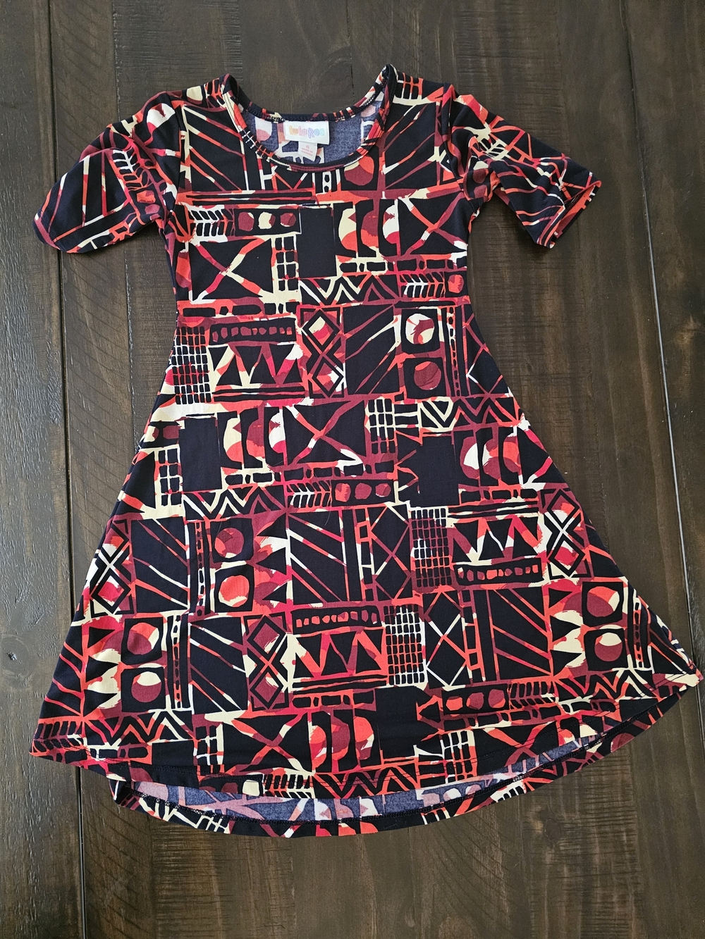LuLaRoe Girls' Red Black & Cream Geometric A-Line Dress
